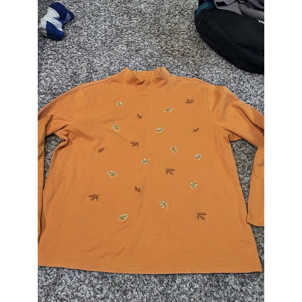 Studio Works Long Sleeve Leaf Print Top Orange Fall Leaves 100% Cotton Size L